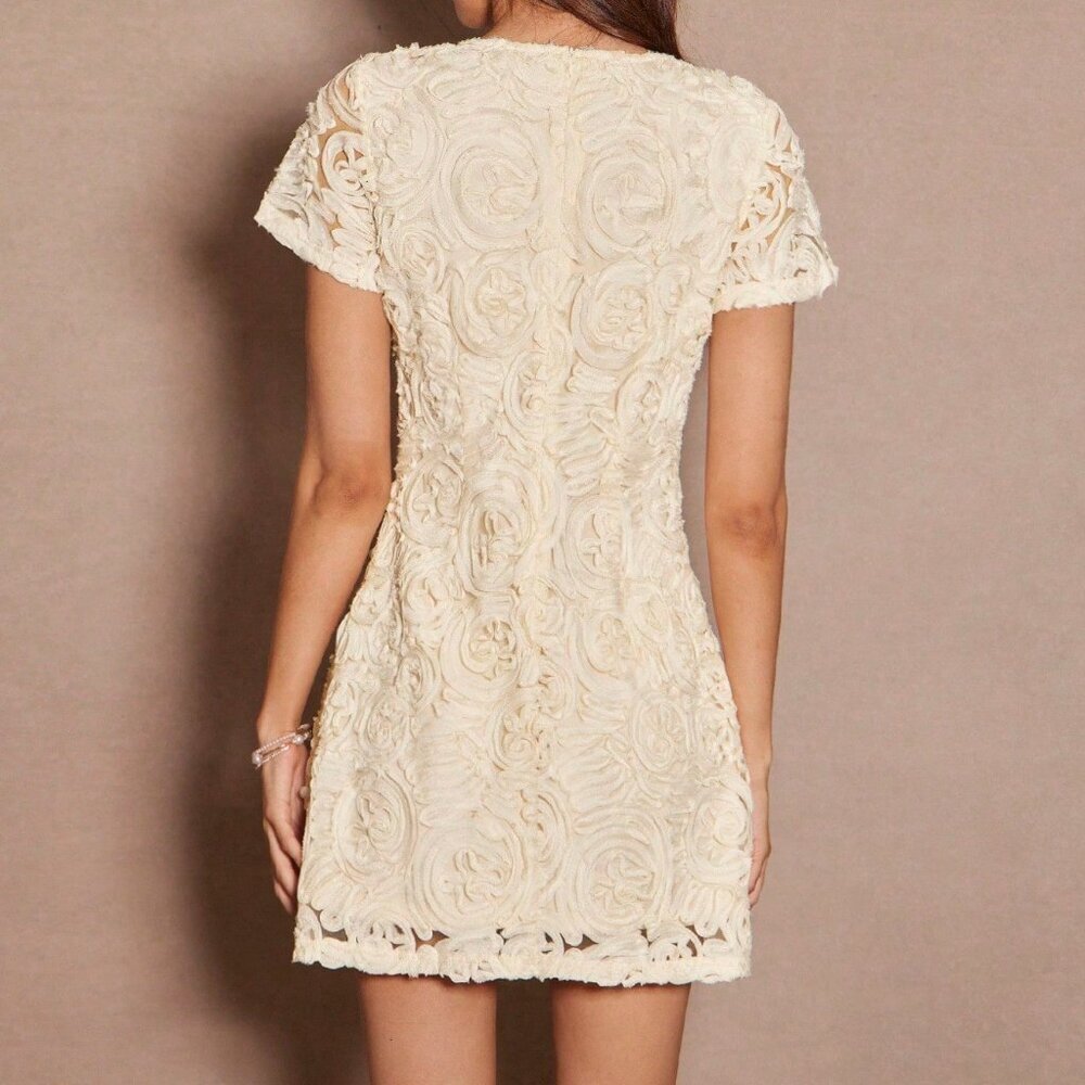 Apricot Elegant Women's 3d Floral Embroidered Mini Dress - Picture 2 of 7